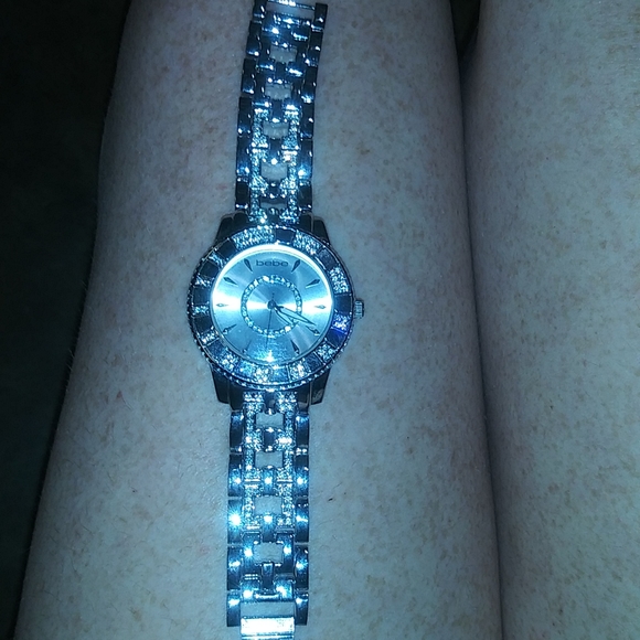 Bebe Rhinestone & Stainless Steel Sparkly Watch For Small Wrist W/Extra Links - Picture 4 of 14